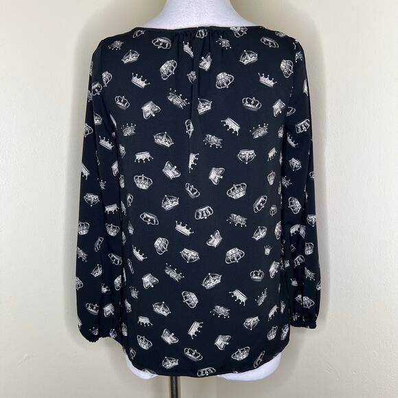 Thakoon Design Nation Top XS Relaxed Crown Print Split Neck Long Sleeve Black - Picture 5 of 8
